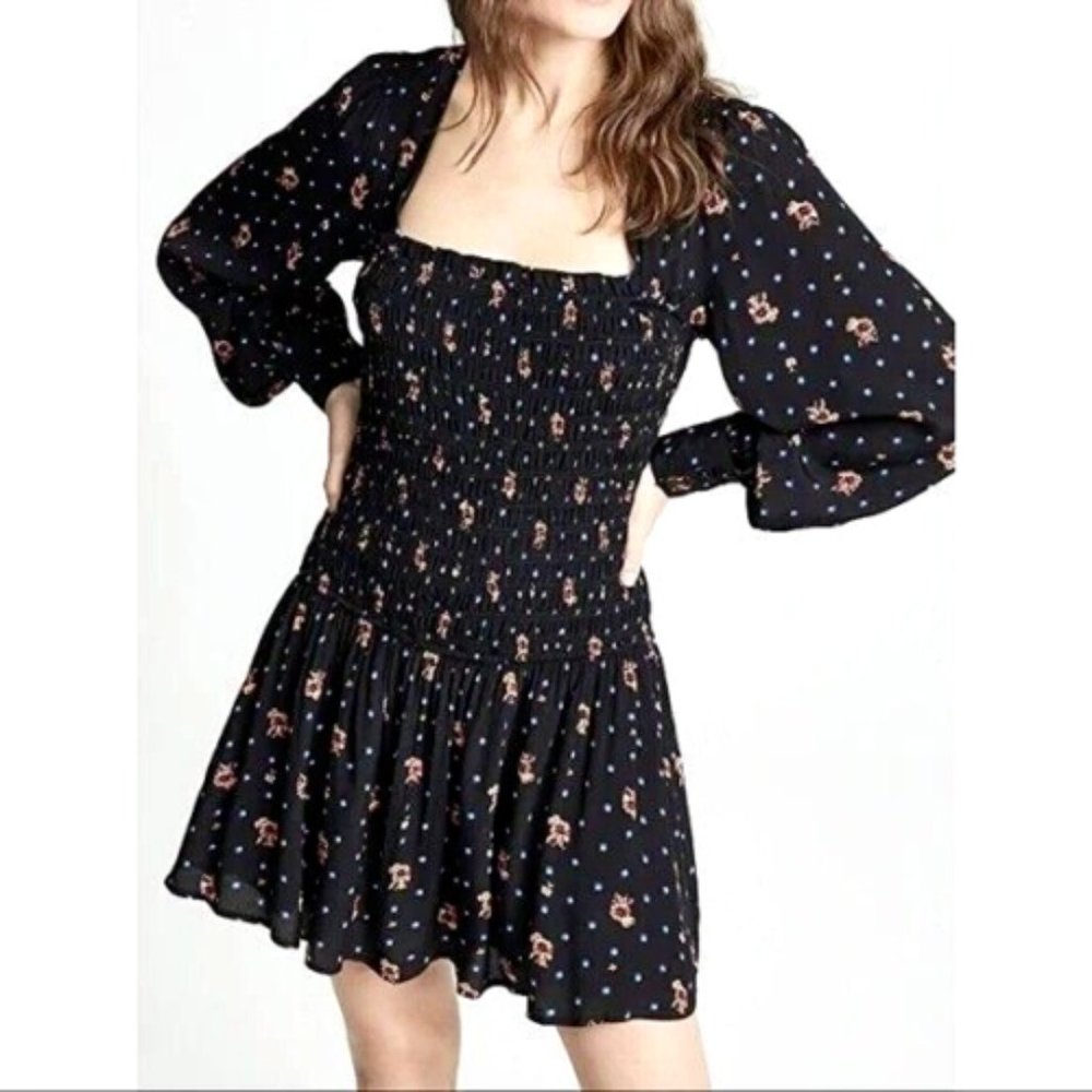 Free People Mini Dress Two Faces Floral Print in BLACK COMBO Sz XS & M $128 NEW